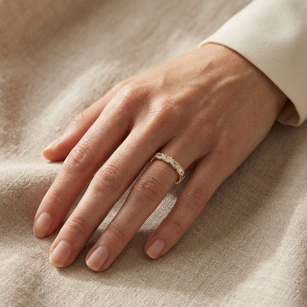 LUMINA HORIZON emerald-cut lab diamond band on hand | Heritage & Co.