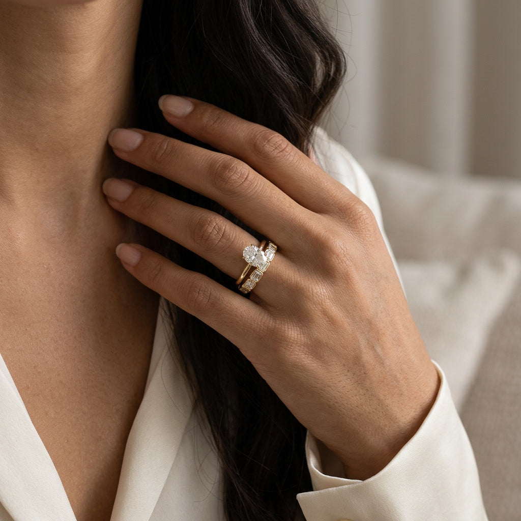 LUMINA HORIZON emerald-cut lab diamond band on model | Heritage & Co.
