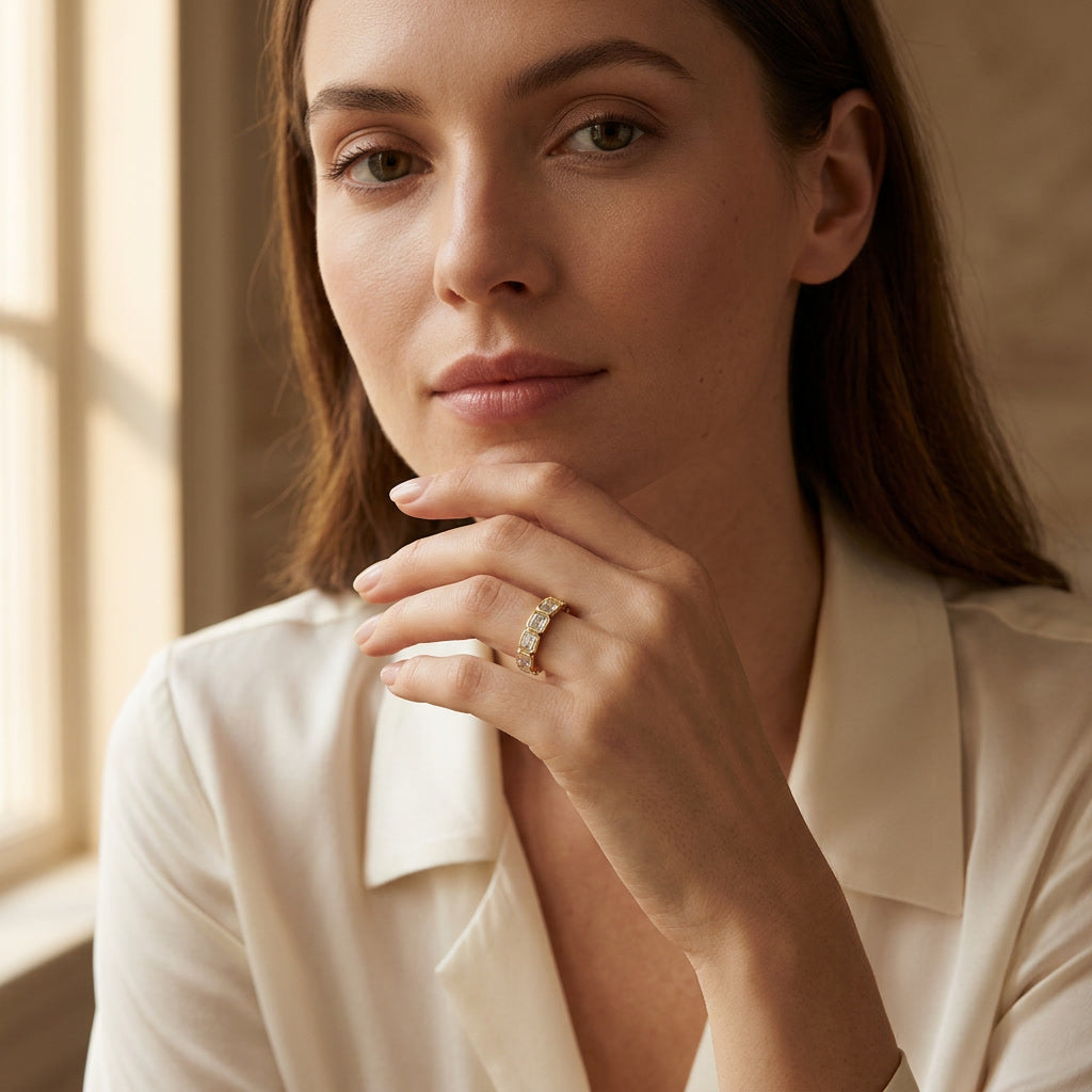 LUMINA HORIZON emerald-cut moissanite band on model | Heritage & Co.