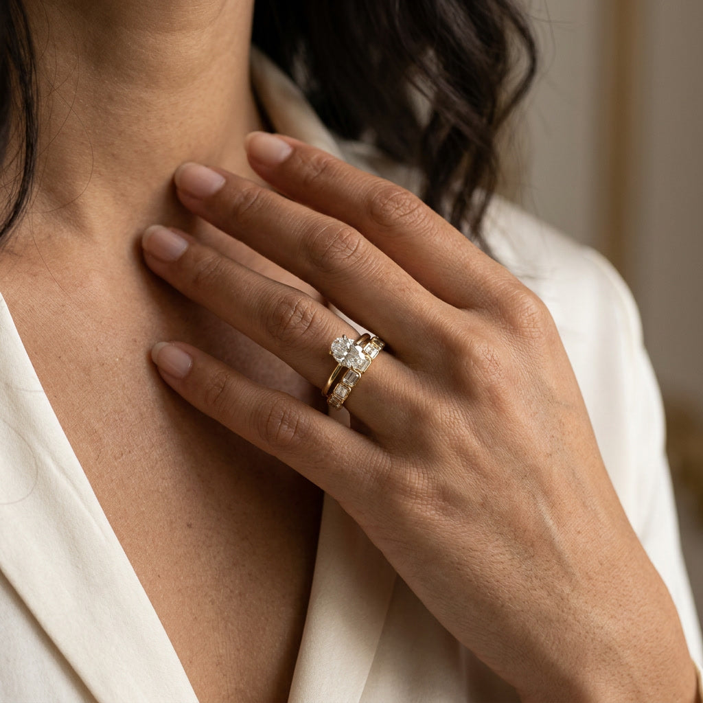 LUMINA HORIZON emerald-cut moissanite band on model | Heritage & Co.