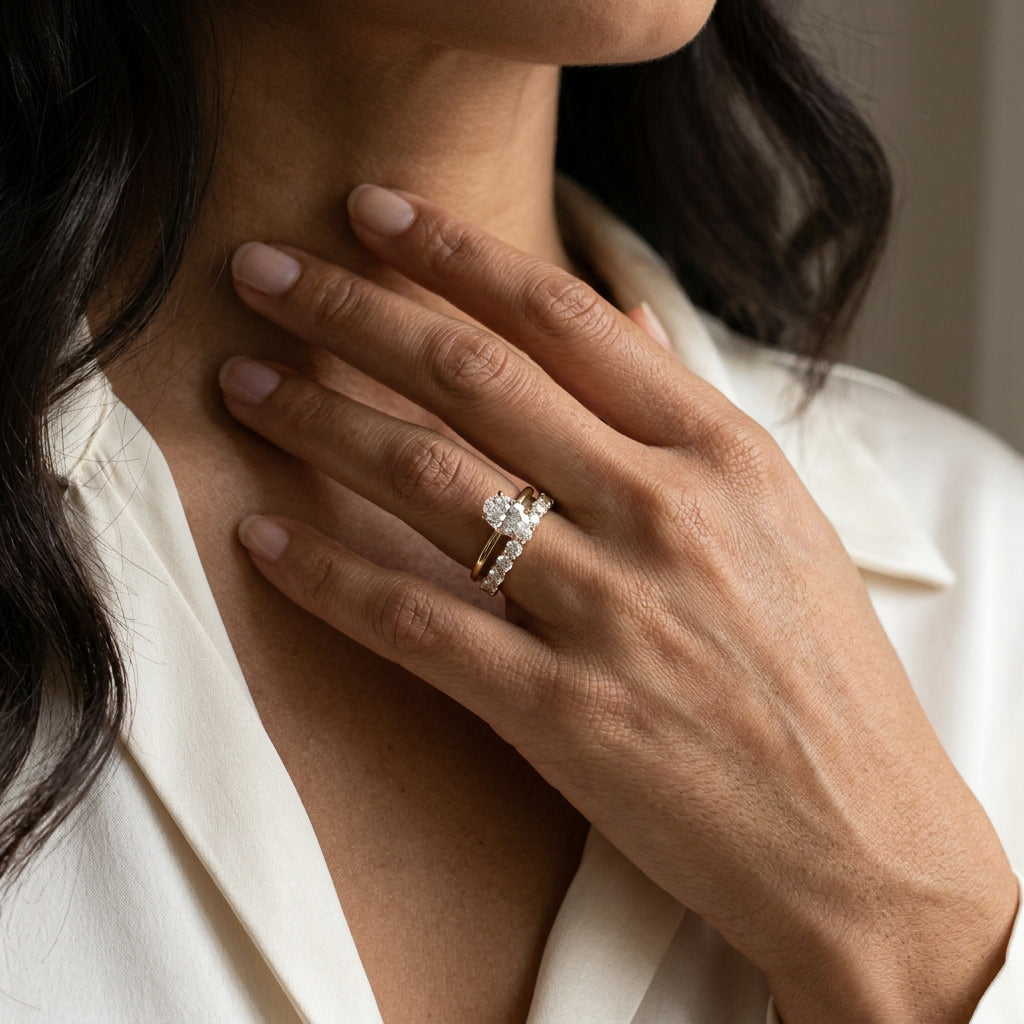 LUMINA PLÉIADE seven-stone lab diamond band on model | Heritage & Co.
