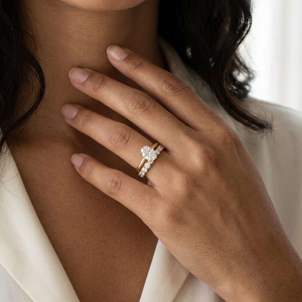 LUMINA PLÉIADE seven-stone moissanite band on model | Heritage & Co.