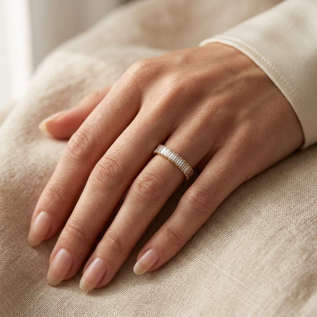 LUMINA ALLÉE baguette lab diamond half-band on hand | Heritage & Co.