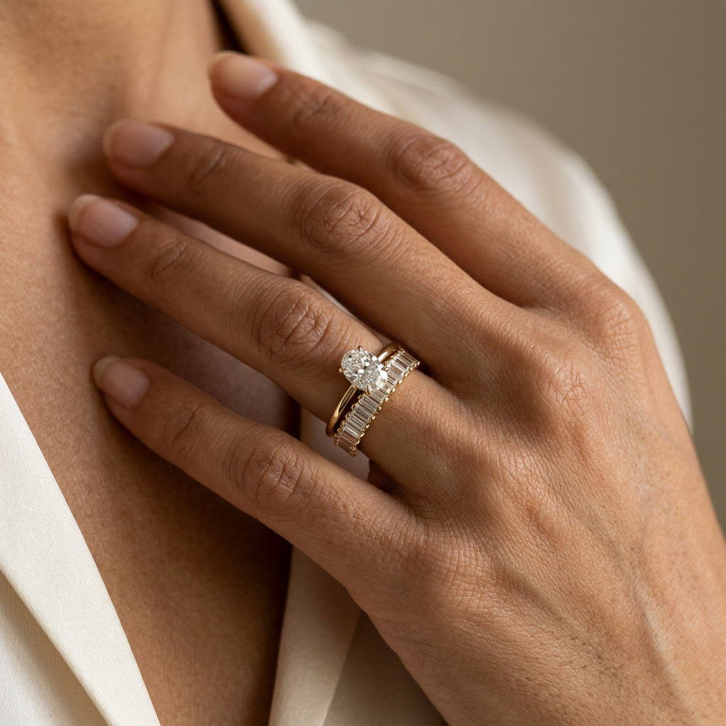 LUMINA ALLÉE baguette lab diamond half-band on model | Heritage & Co.