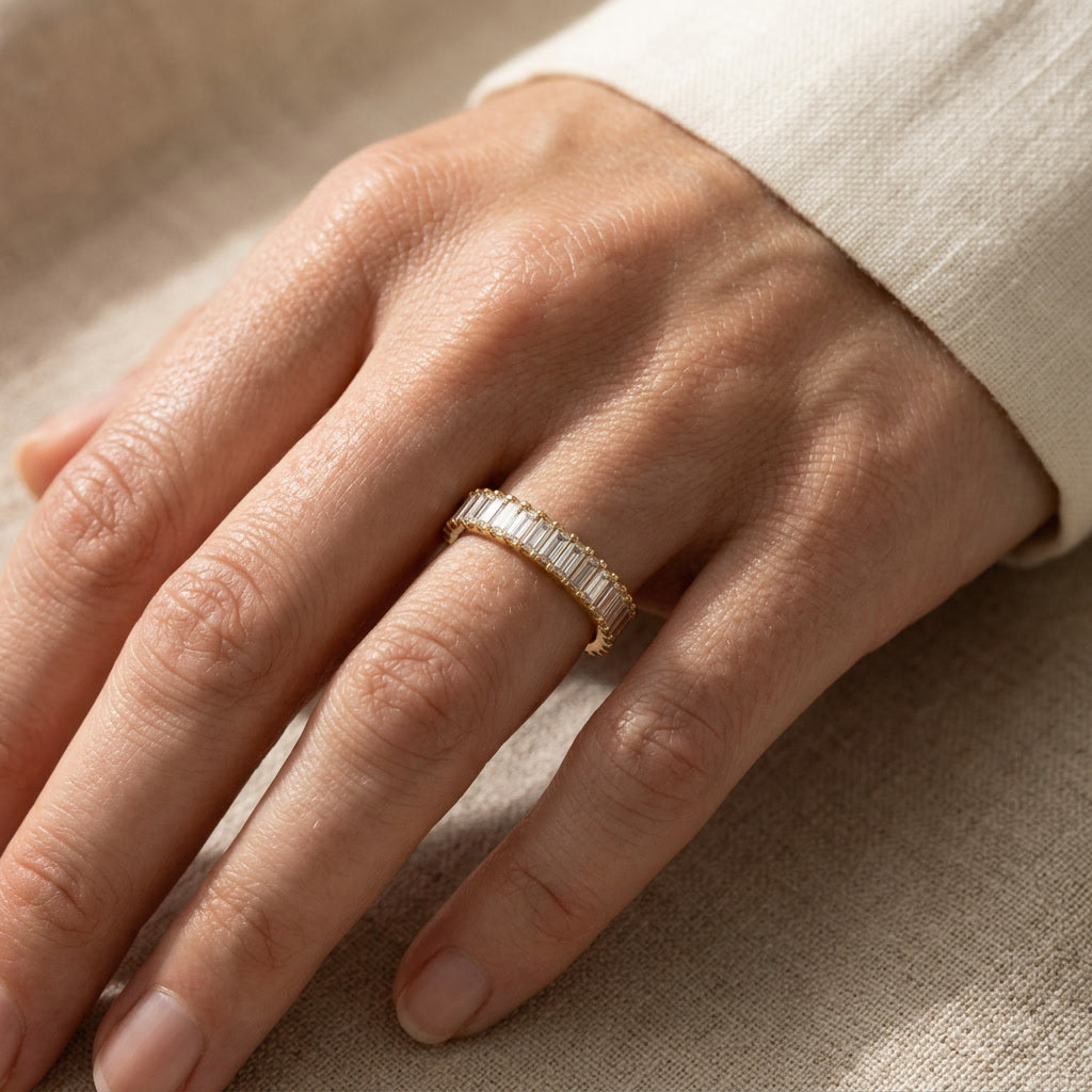 LUMINA ALLÉE baguette moissanite half-band on hand | Heritage & Co.