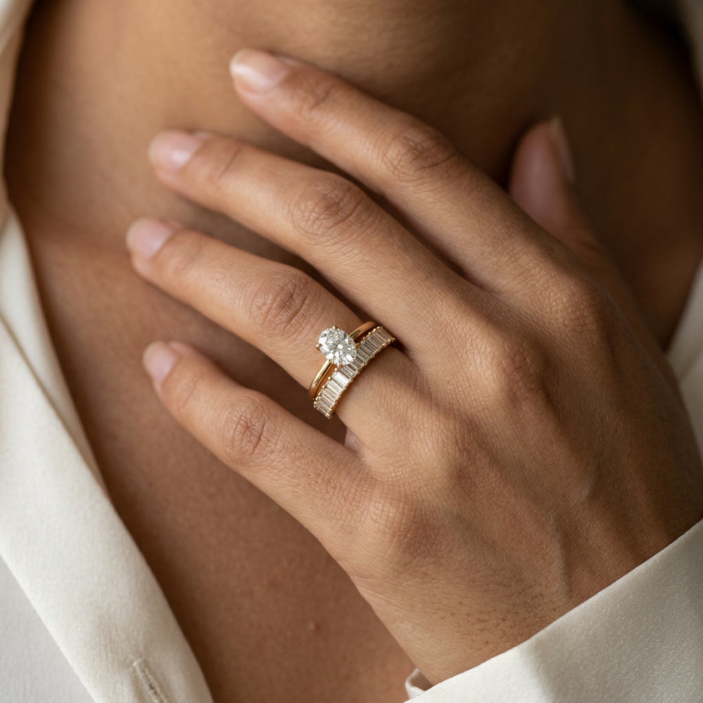 LUMINA ALLÉE baguette moissanite half-band on model | Heritage & Co.