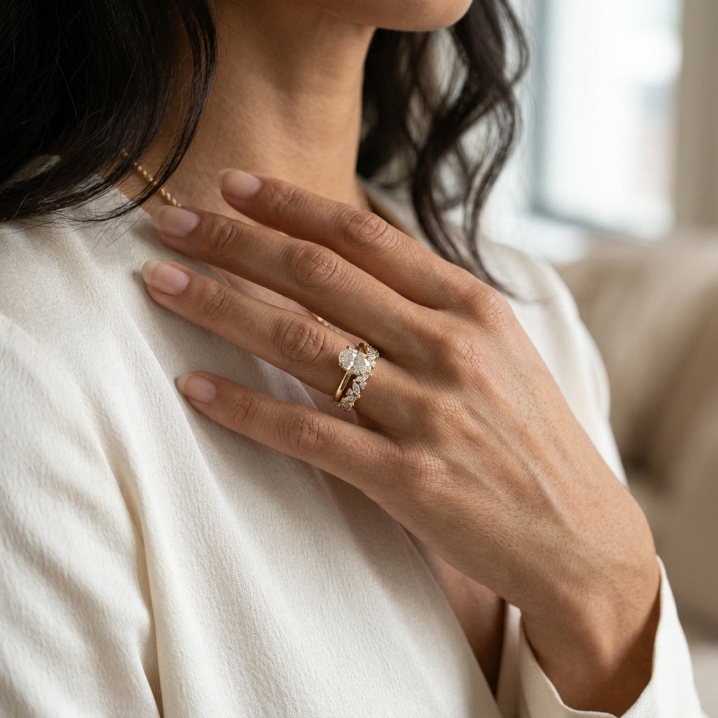 LUMINA GUIRLANDE marquise and round lab diamond band on model | Heritage & Co.