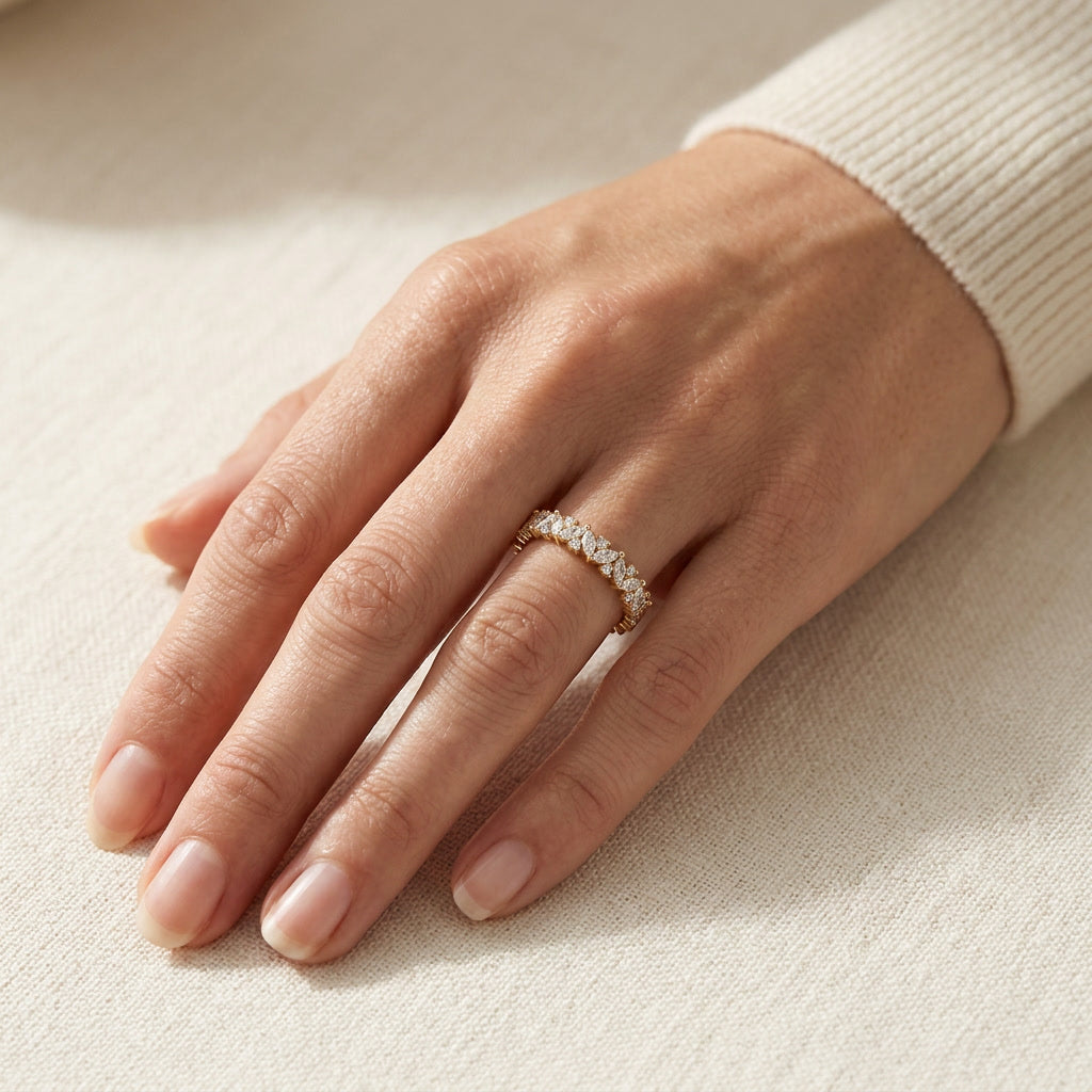 LUMINA GUIRLANDE marquise and round moissanite band on hand | Heritage & Co.