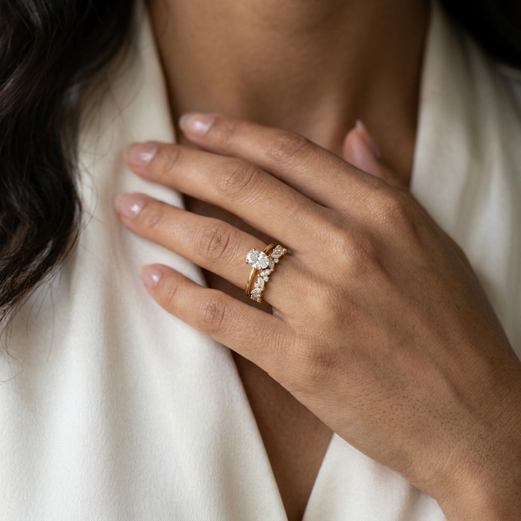 LUMINA GUIRLANDE marquise and round moissanite band on model | Heritage & Co.
