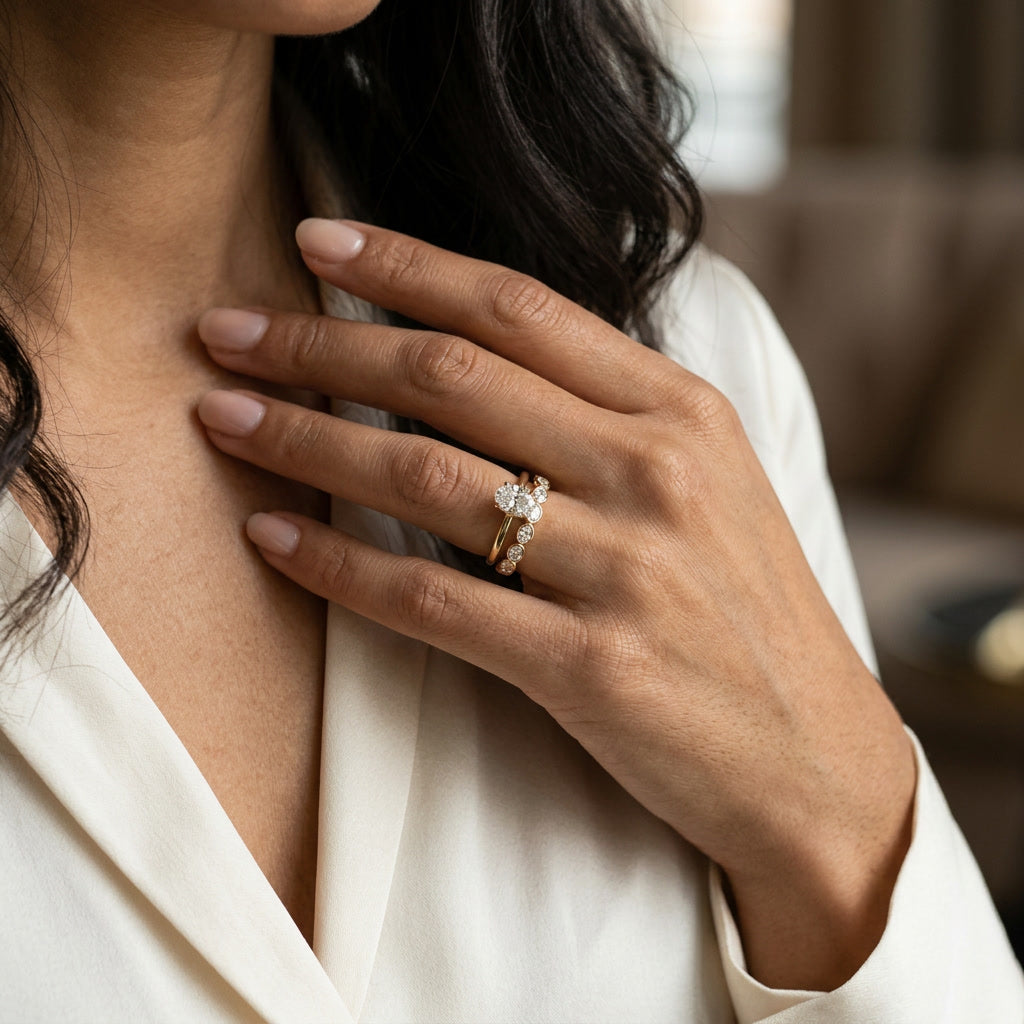 LUMINA MÉRIDIENNE east-west oval moissanite band on model | Heritage & Co.