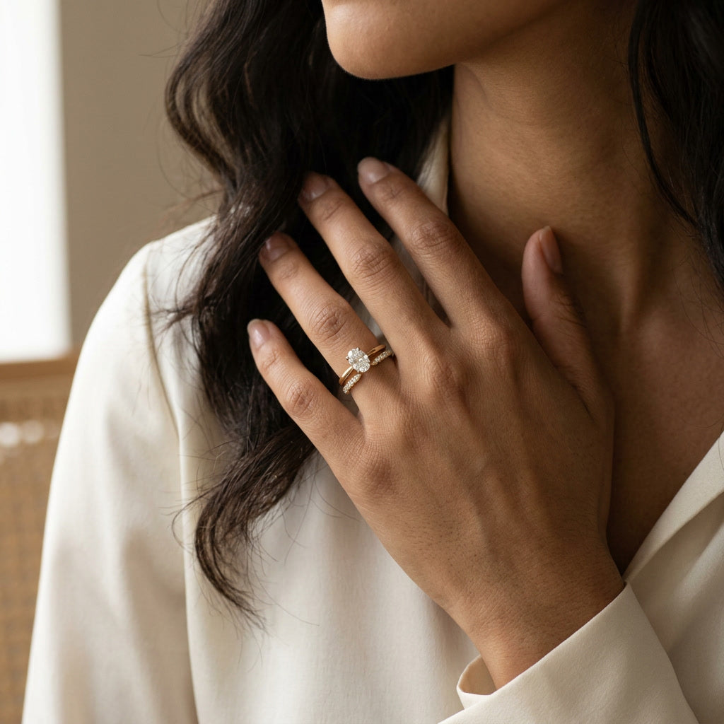 LUMINA MURMURE french-pavé open lab diamond band on model | Heritage & Co.