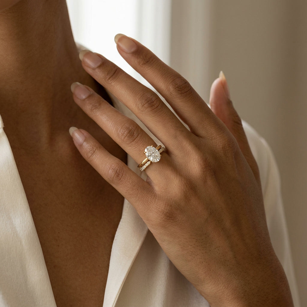 LUMINA MURMURE french-pavé open moissanite band on model | Heritage & Co.