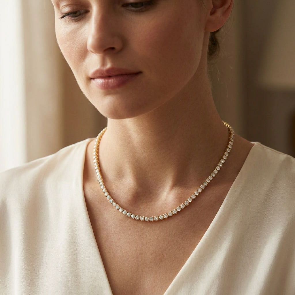 CATENA 18K yellow gold lab-grown diamond tennis necklace — on model