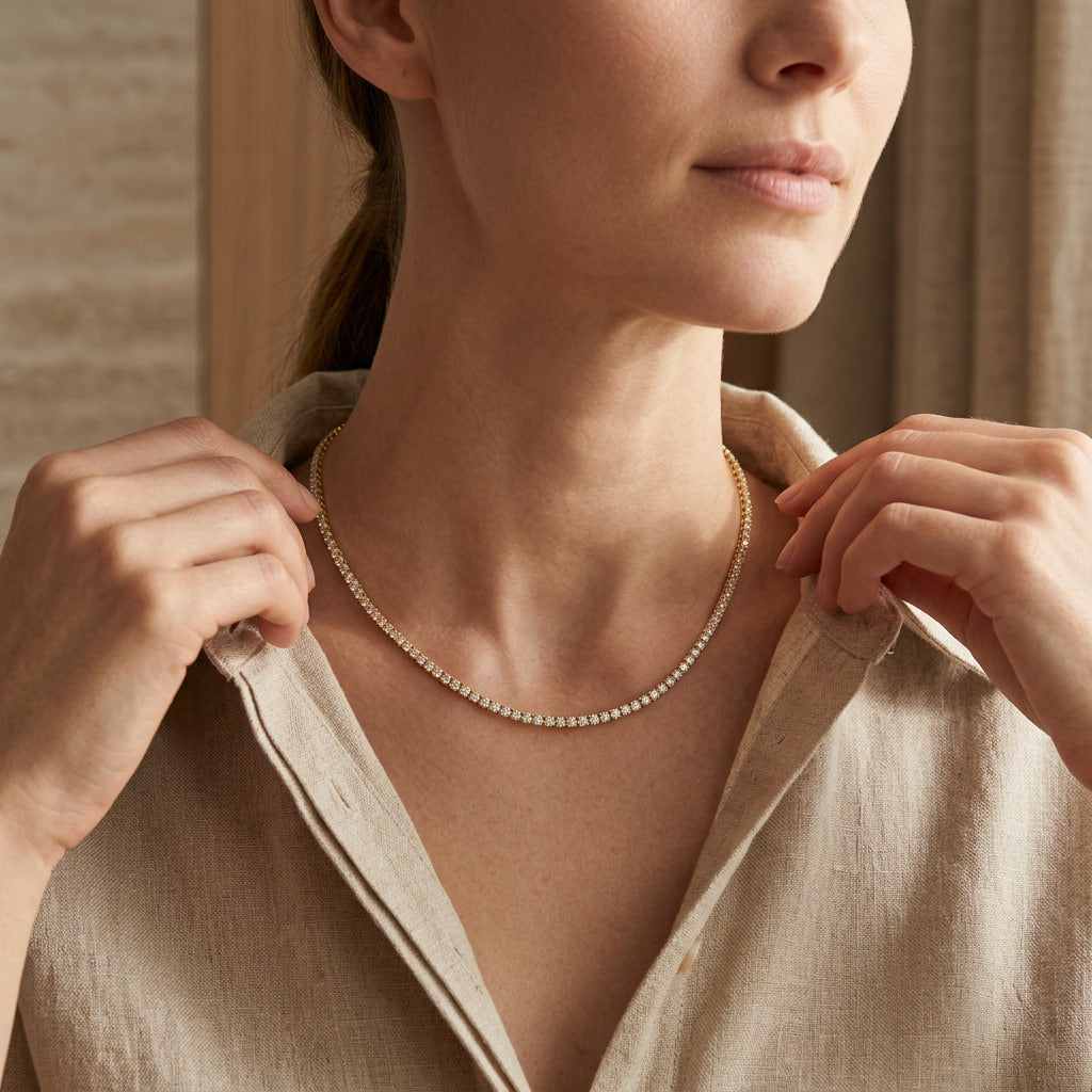 CATENA 18K yellow gold lab-grown diamond tennis necklace — on model