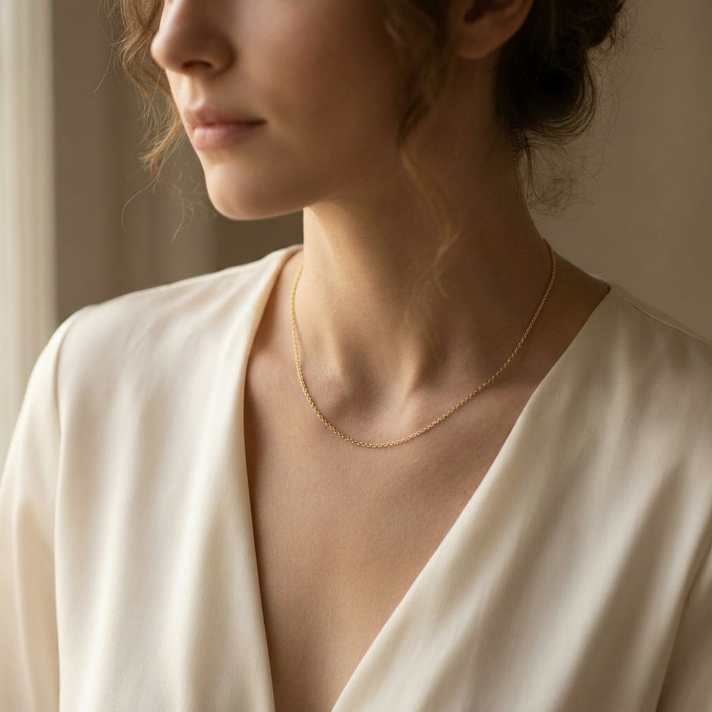 CATENELLA fine cable chain necklace, solid gold — full length