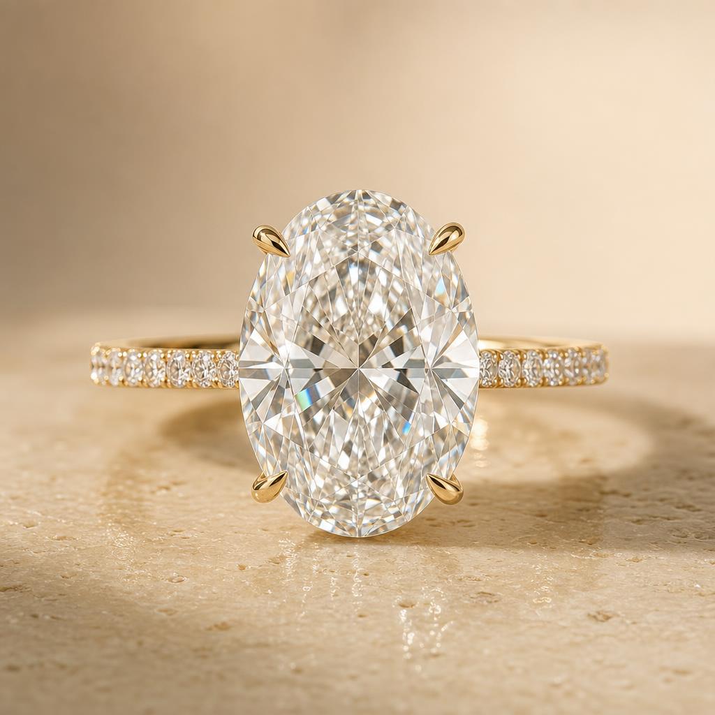 CLARITAS IMPERIALE 10ct oval lab-grown diamond hidden-halo ring in 18K yellow gold, front view
