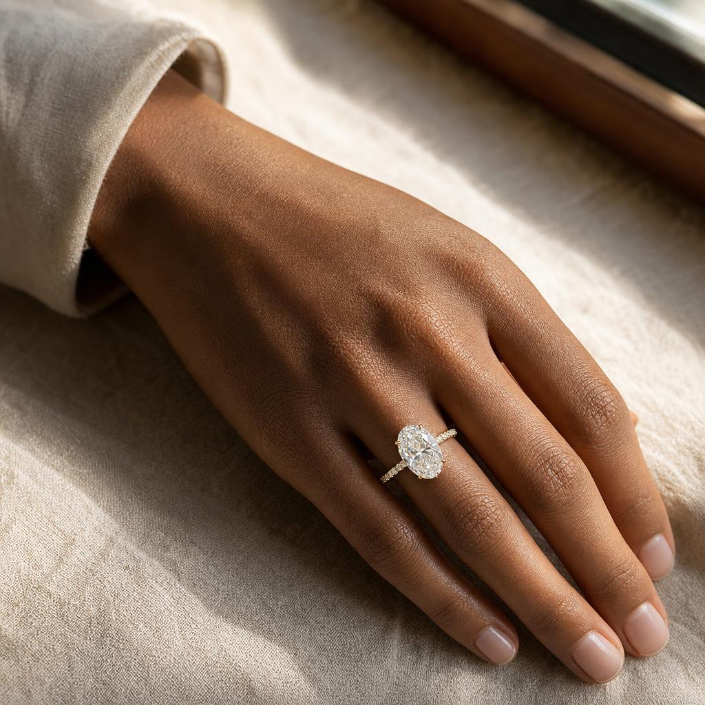CLARITAS IMPERIALE oval lab diamond ring worn on the hand