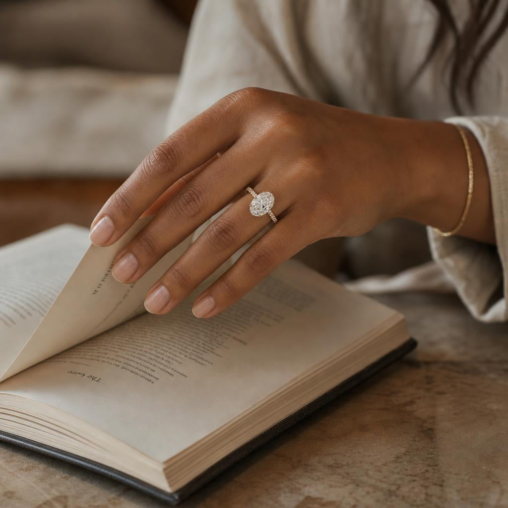 CLARITAS IMPERIALE oval lab diamond ring, lifestyle hand detail
