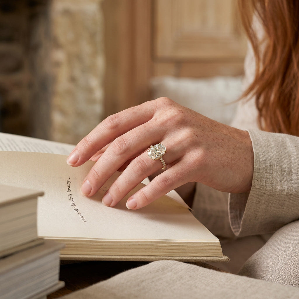 CLARITAS IMPERIALE oval lab diamond ring, lifestyle hand detail