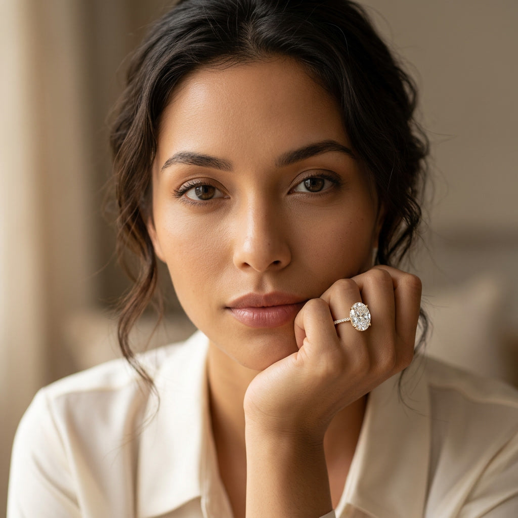 CLARITAS IMPERIALE oval lab diamond ring, on-model portrait