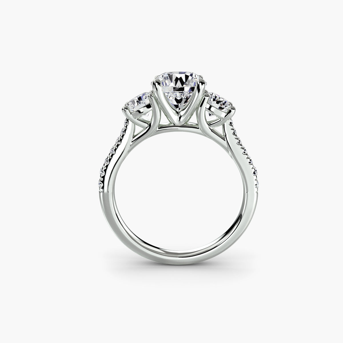 Three-Stone With Round Side Stones And Single-Row Pavé Shank, front view