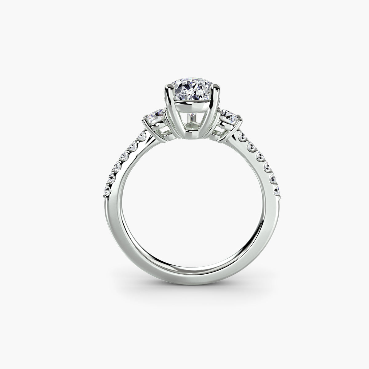 Three-Stone With Round Side Stones And Pavé Shank, front view