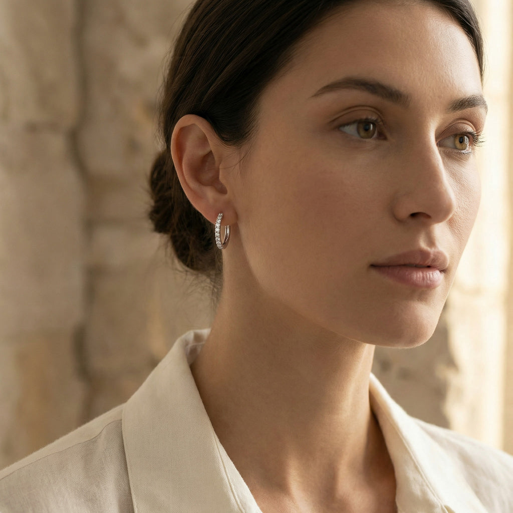 LUMINA ALBA AURÉOLE, BRILLIANT-CUT MOISSANITE HOOP EARRINGS, PAVÉ | Heritage & Co.