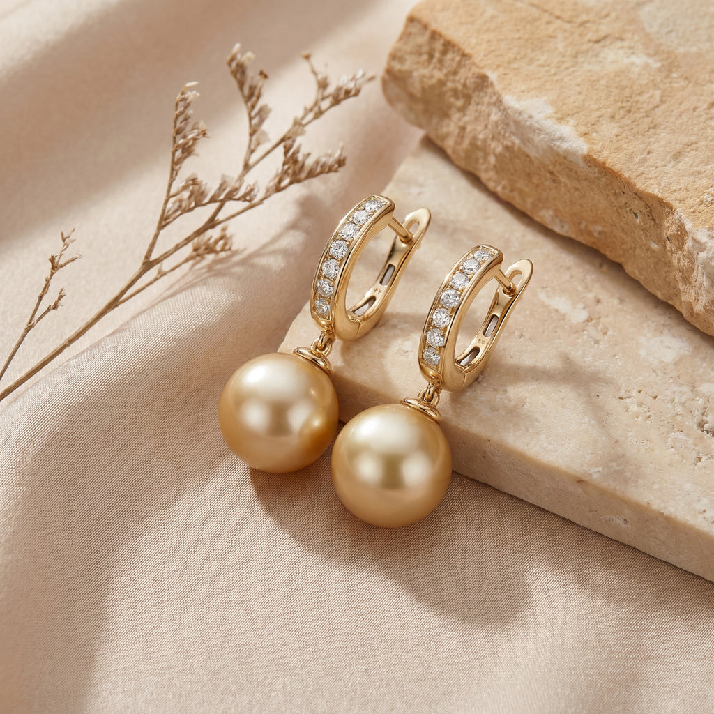 AUREA COURONNE, SOUTH SEA GOLDEN PEARL DROP EARRINGS
