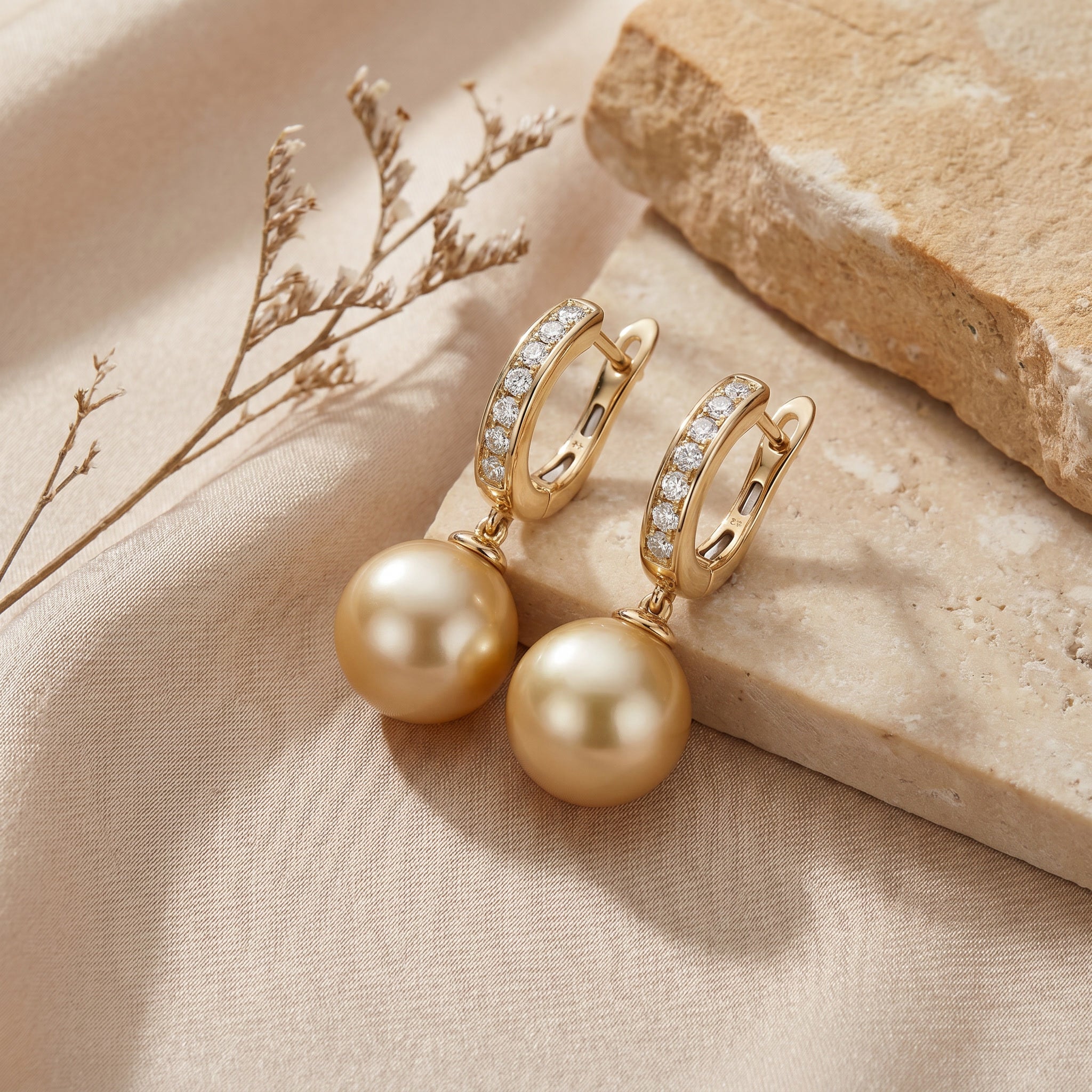 AUREA COURONNE, SOUTH SEA GOLDEN PEARL DROP EARRINGS
