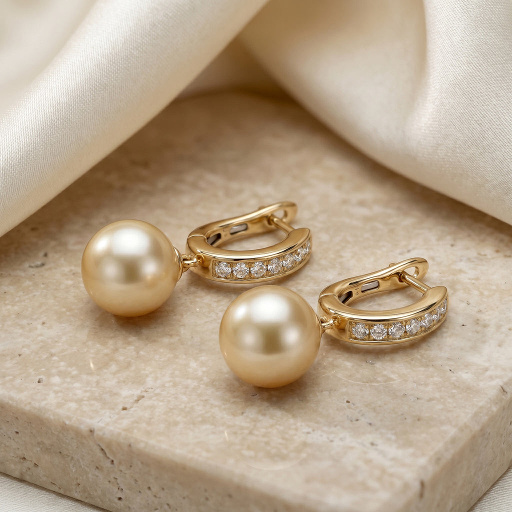 AUREA COURONNE, SOUTH SEA GOLDEN PEARL DROP EARRINGS