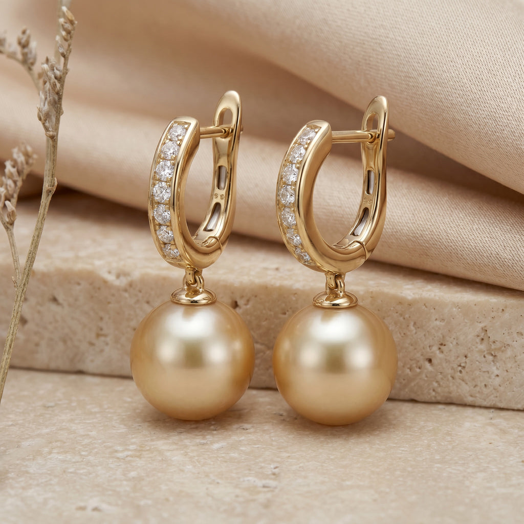 AUREA COURONNE, SOUTH SEA GOLDEN PEARL DROP EARRINGS