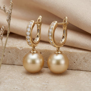 AUREA PAVÉ, SOUTH SEA GOLDEN PEARL DROP EARRINGS