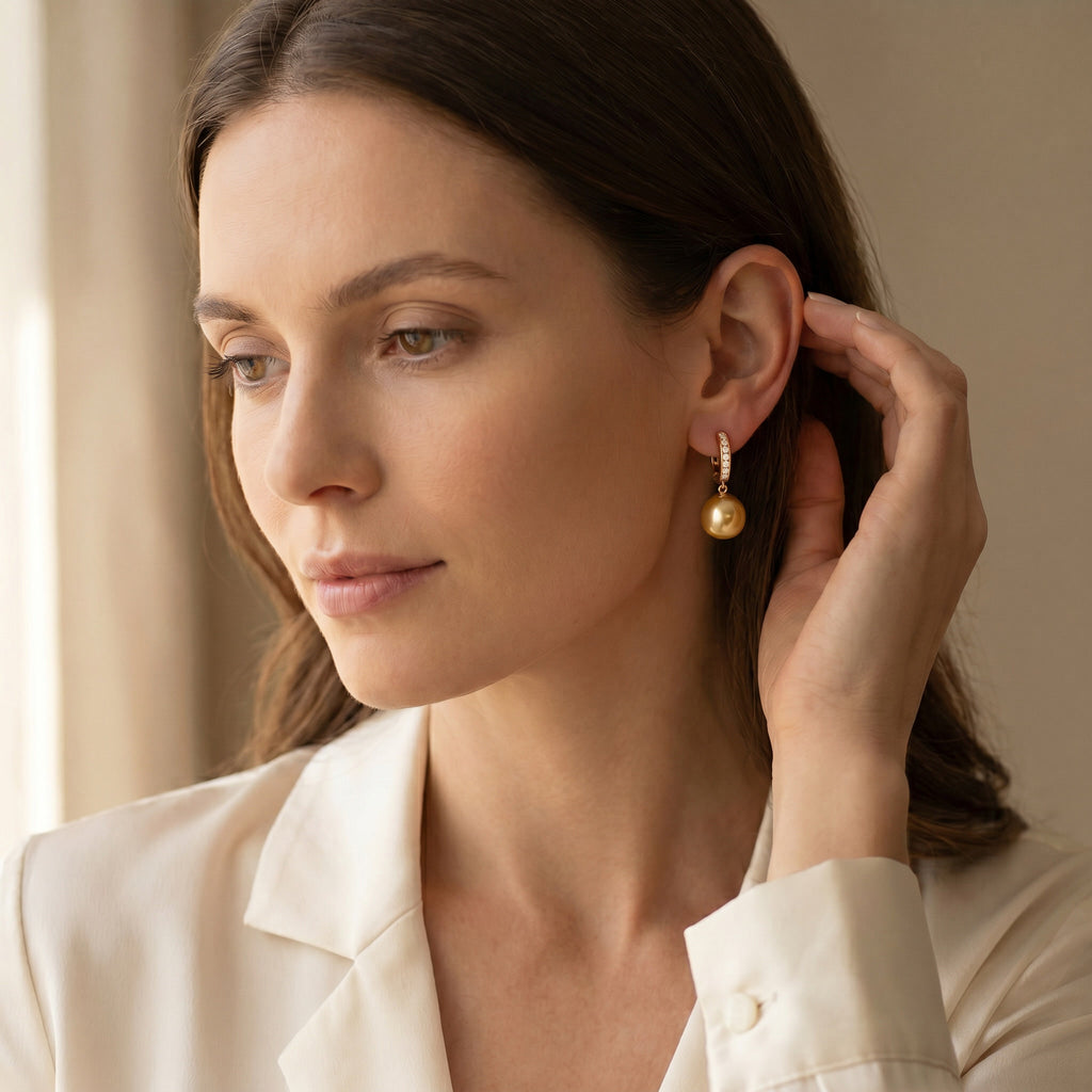 AUREA COURONNE, SOUTH SEA GOLDEN PEARL DROP EARRINGS