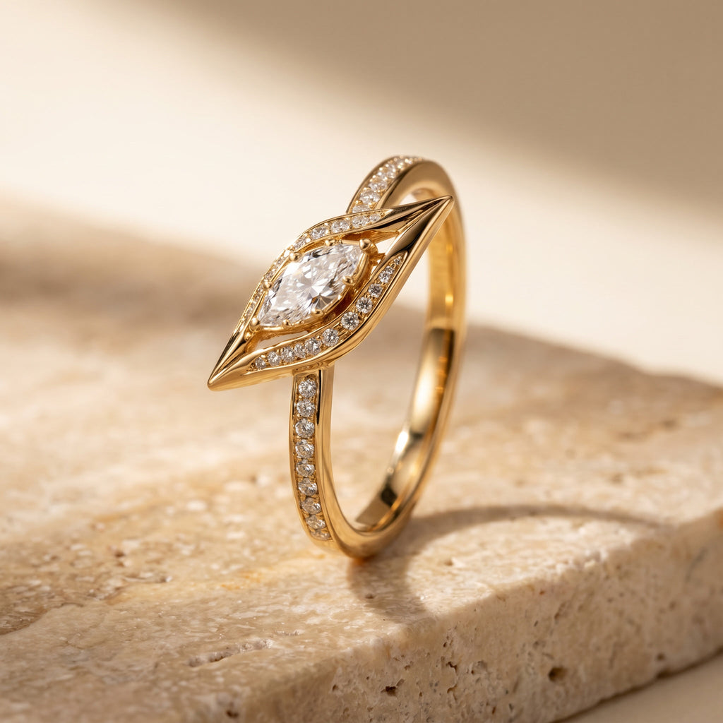 UMSEBE, EAST-WEST MARQUISE LAB DIAMOND RING