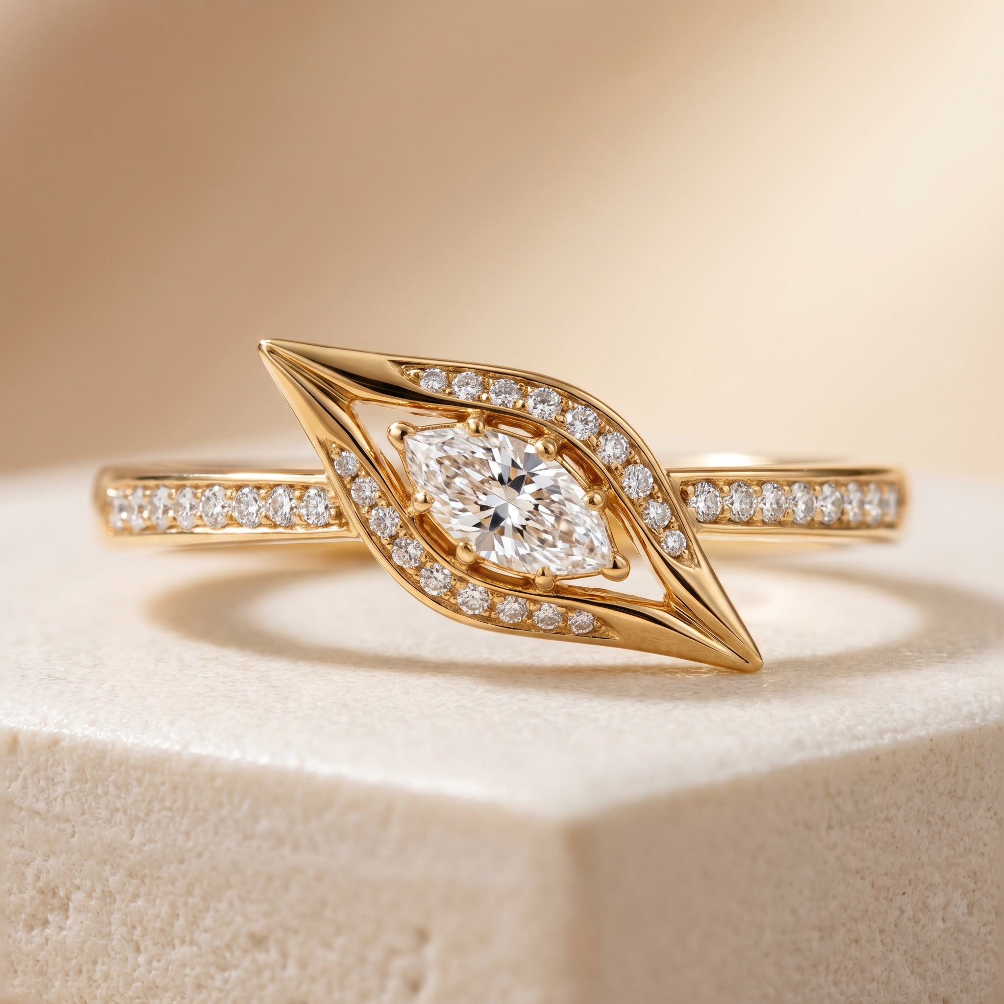 UMSEBE, EAST-WEST MARQUISE LAB DIAMOND RING