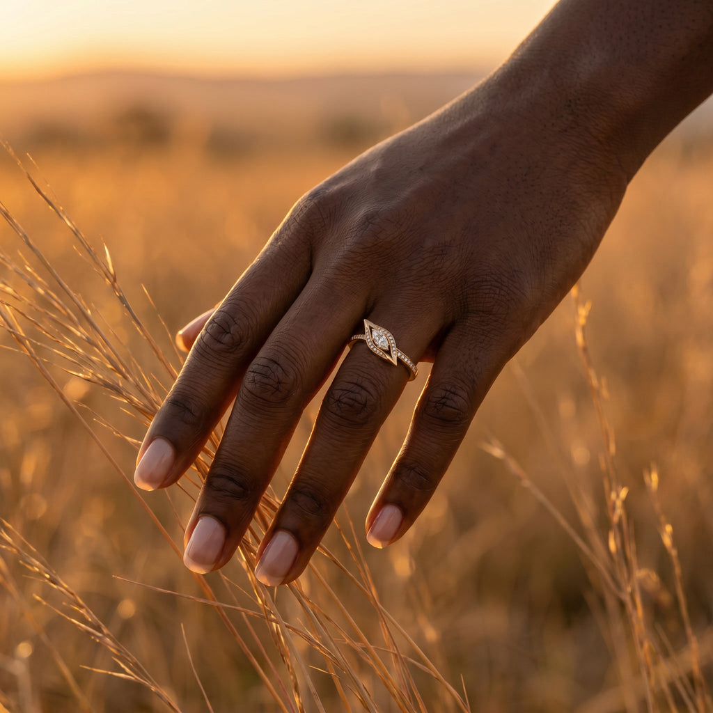 UMSEBE, EAST-WEST MARQUISE LAB DIAMOND RING