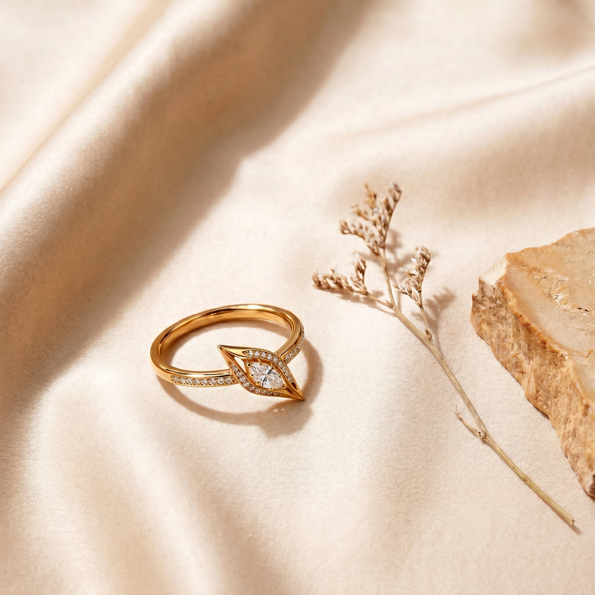 UMSEBE, EAST-WEST MARQUISE LAB DIAMOND RING