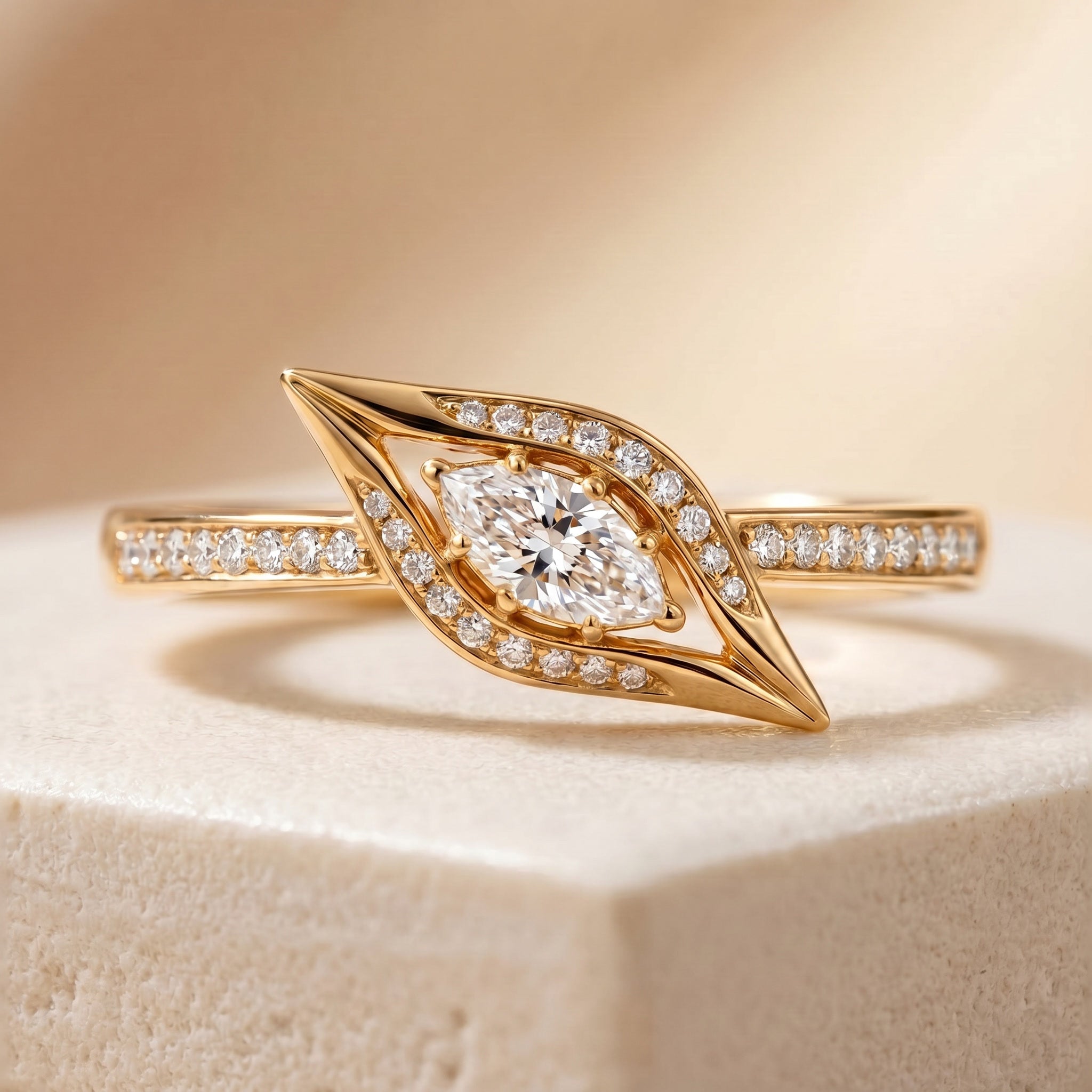 UMSEBE, EAST-WEST MARQUISE LAB DIAMOND RING