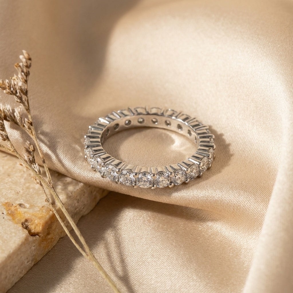Lab diamond eternity band, white gold, standing view