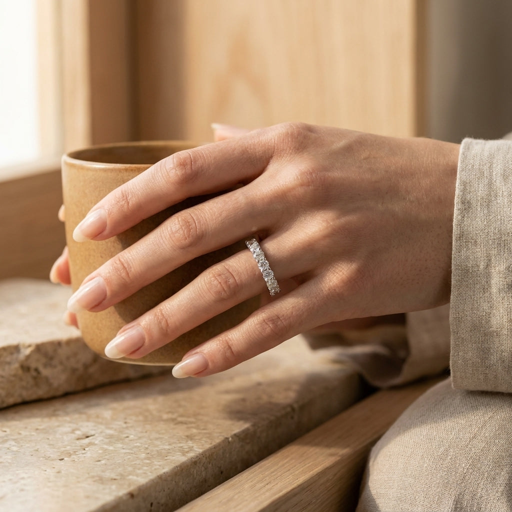 Lab diamond eternity band worn on hand, lifestyle