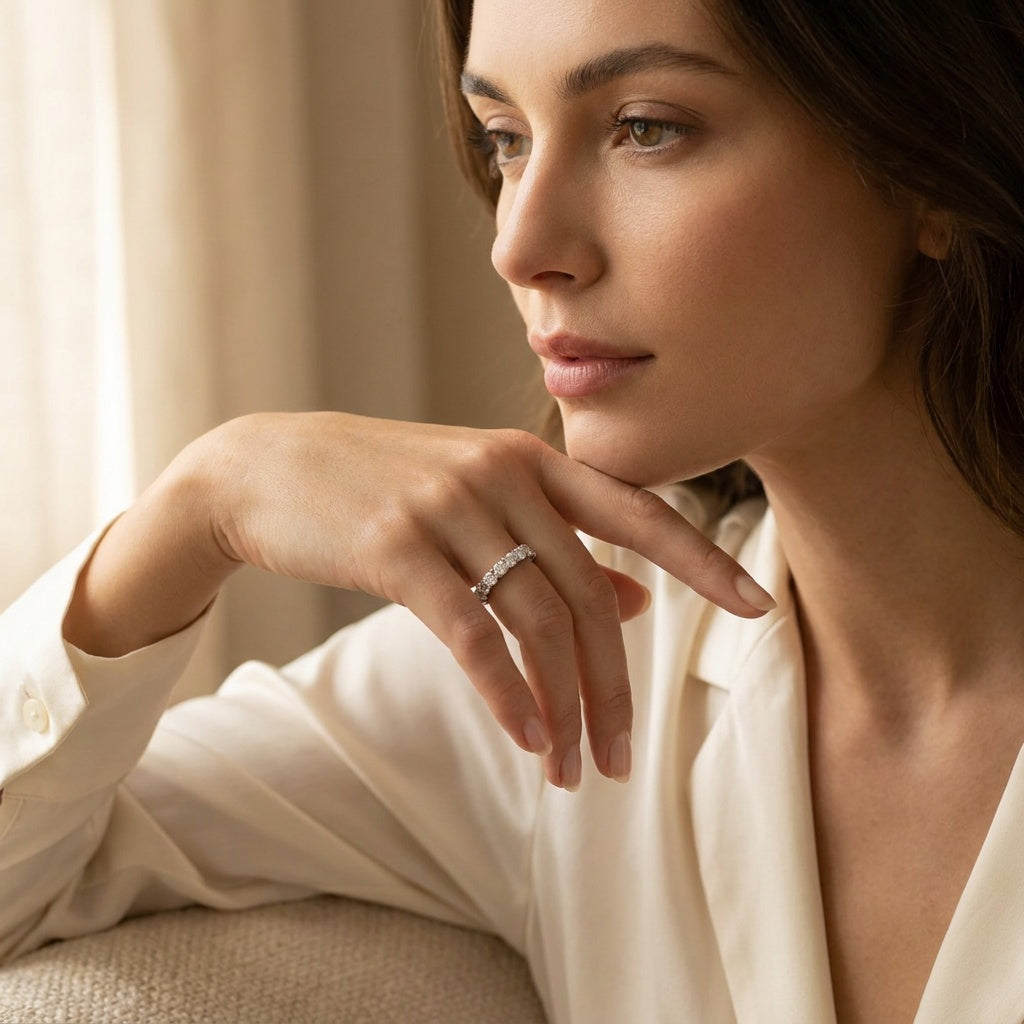 Lab diamond eternity band on hand, lifestyle detail