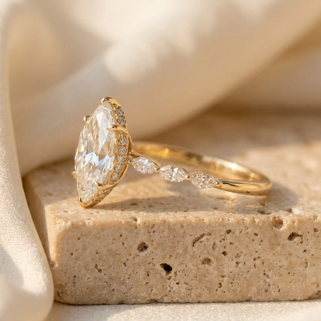 INSIGNIA LAURIER marquise lab diamond ring, side profile showing the hidden halo | Heritage & Co.