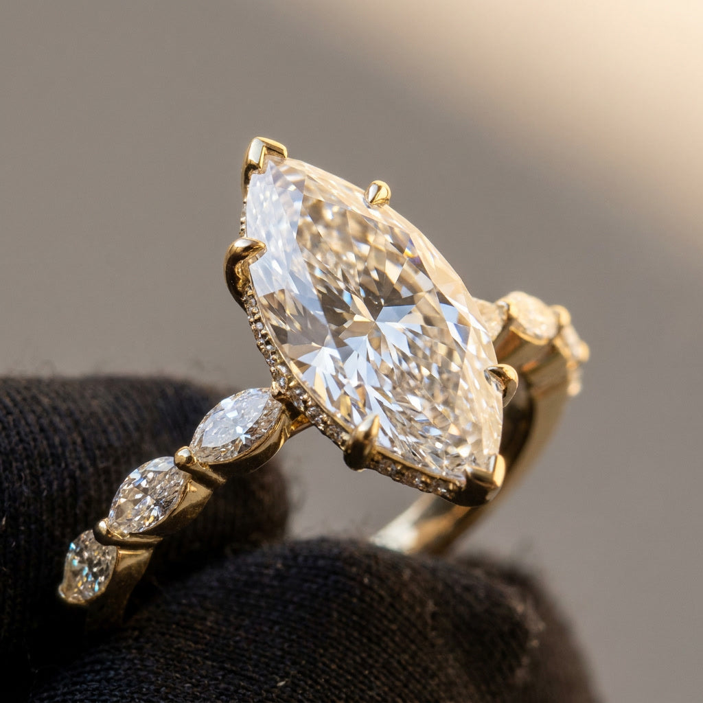 INSIGNIA LAURIER marquise lab diamond ring, macro detail of the claw setting | Heritage & Co.