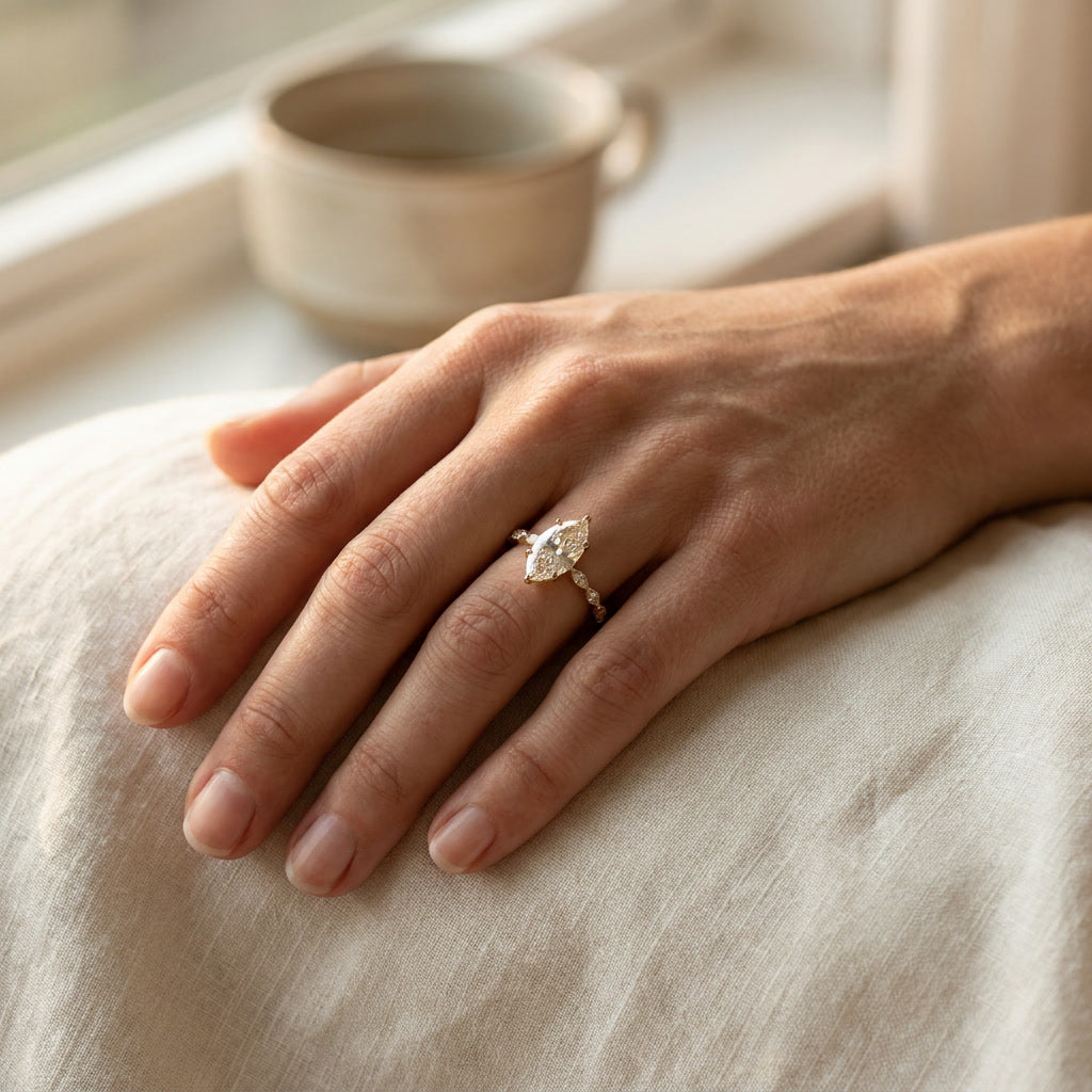 INSIGNIA LAURIER marquise lab diamond ring worn on the hand | Heritage & Co.