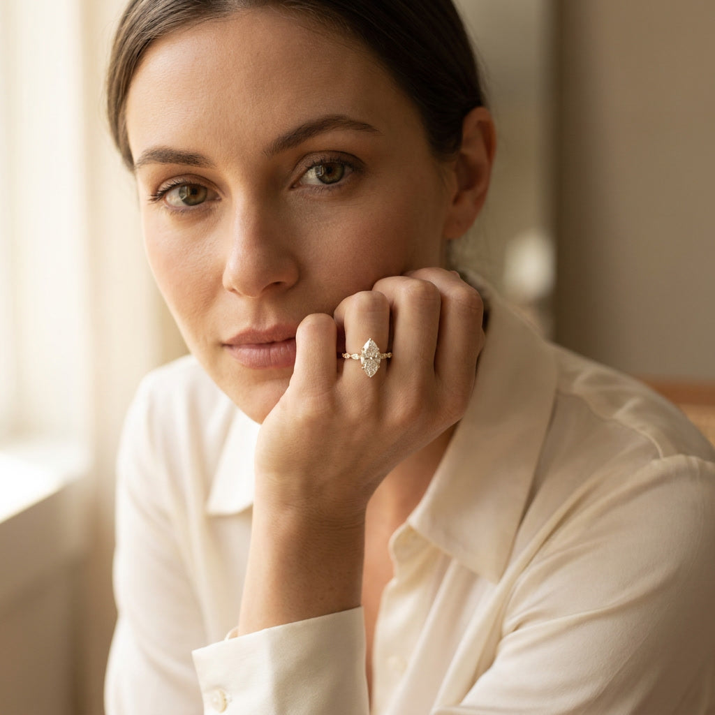 INSIGNIA LAURIER marquise lab diamond ring, lifestyle detail | Heritage & Co.