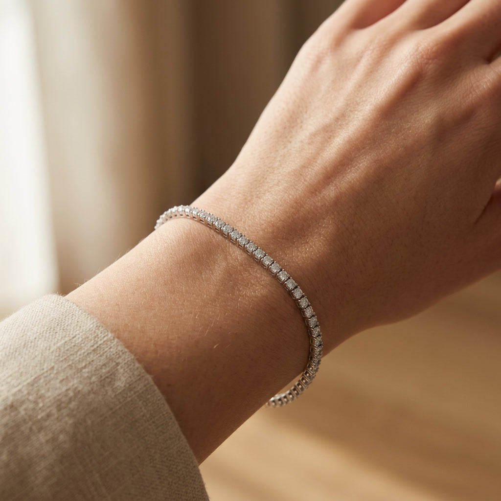 Tennis bracelet fitted on the wrist showing the fine 2mm proportions