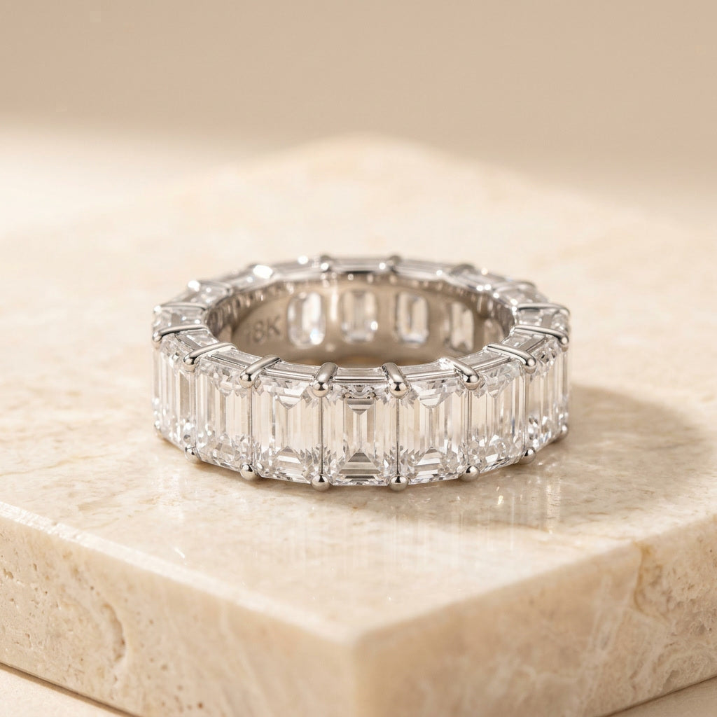 LUMINA BARREAU baguette moissanite eternity band, white gold — front view