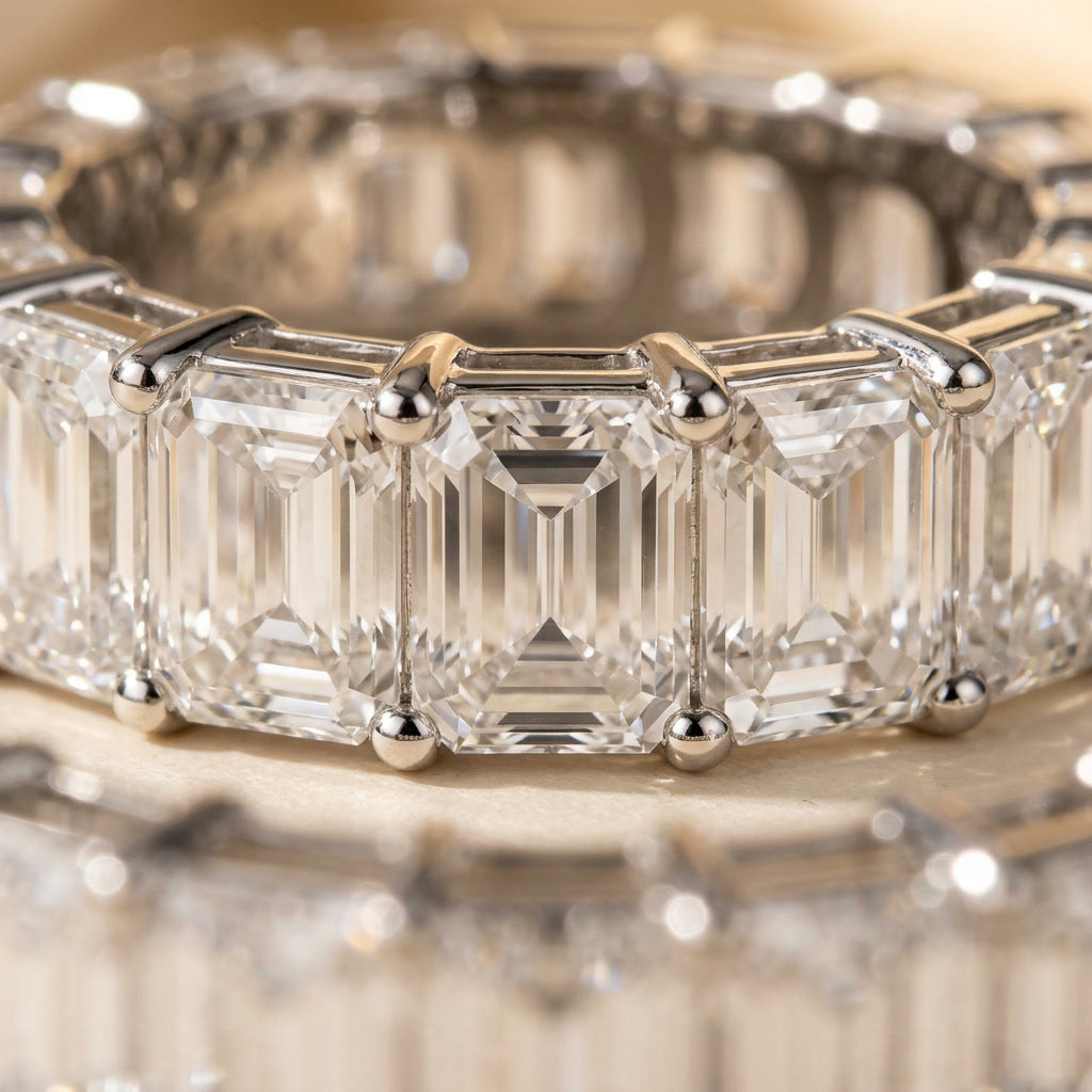 LUMINA BARREAU baguette moissanite eternity band — macro stone and shared-prong detail