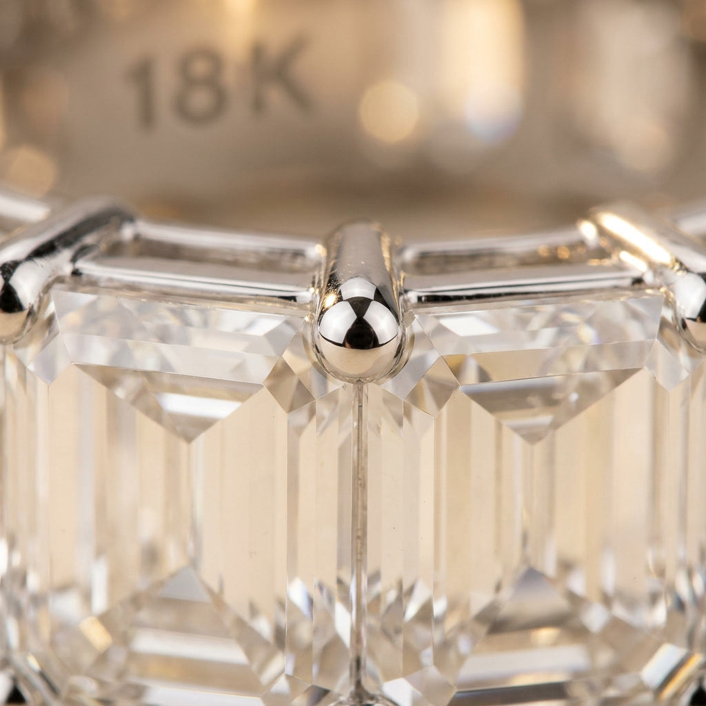 LUMINA BARREAU baguette moissanite eternity band — extreme macro, prong and step-cut detail