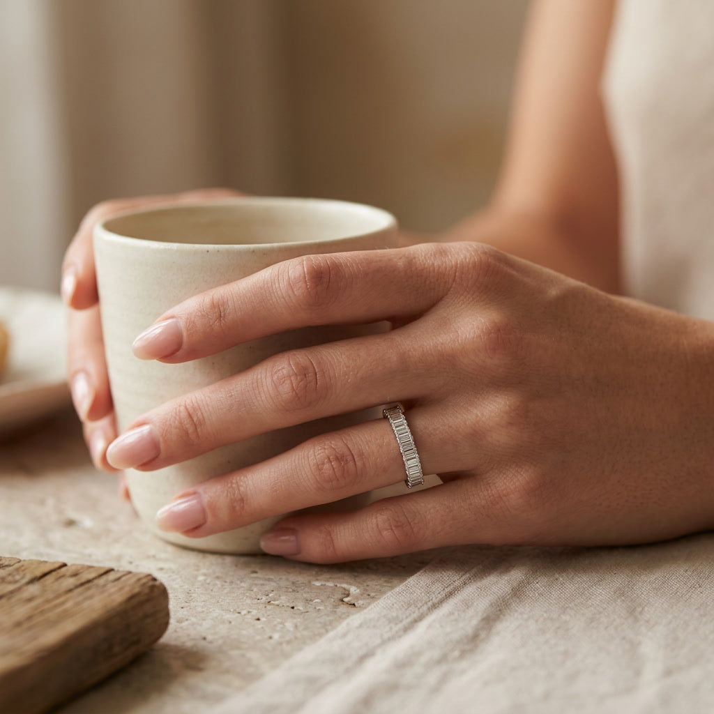 LUMINA BARREAU baguette moissanite eternity band — worn on hand